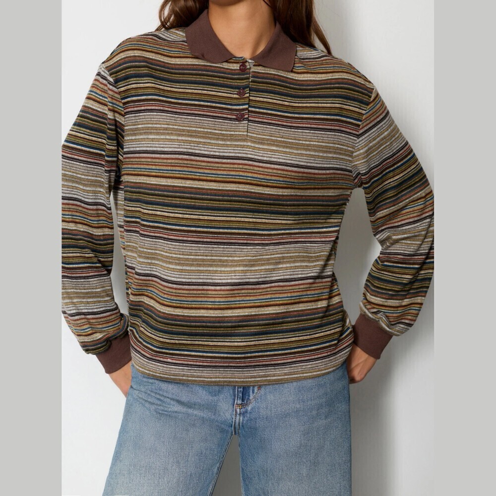 Brown Earthy Multicolor Striped Knit Long Sleeve Polo Top